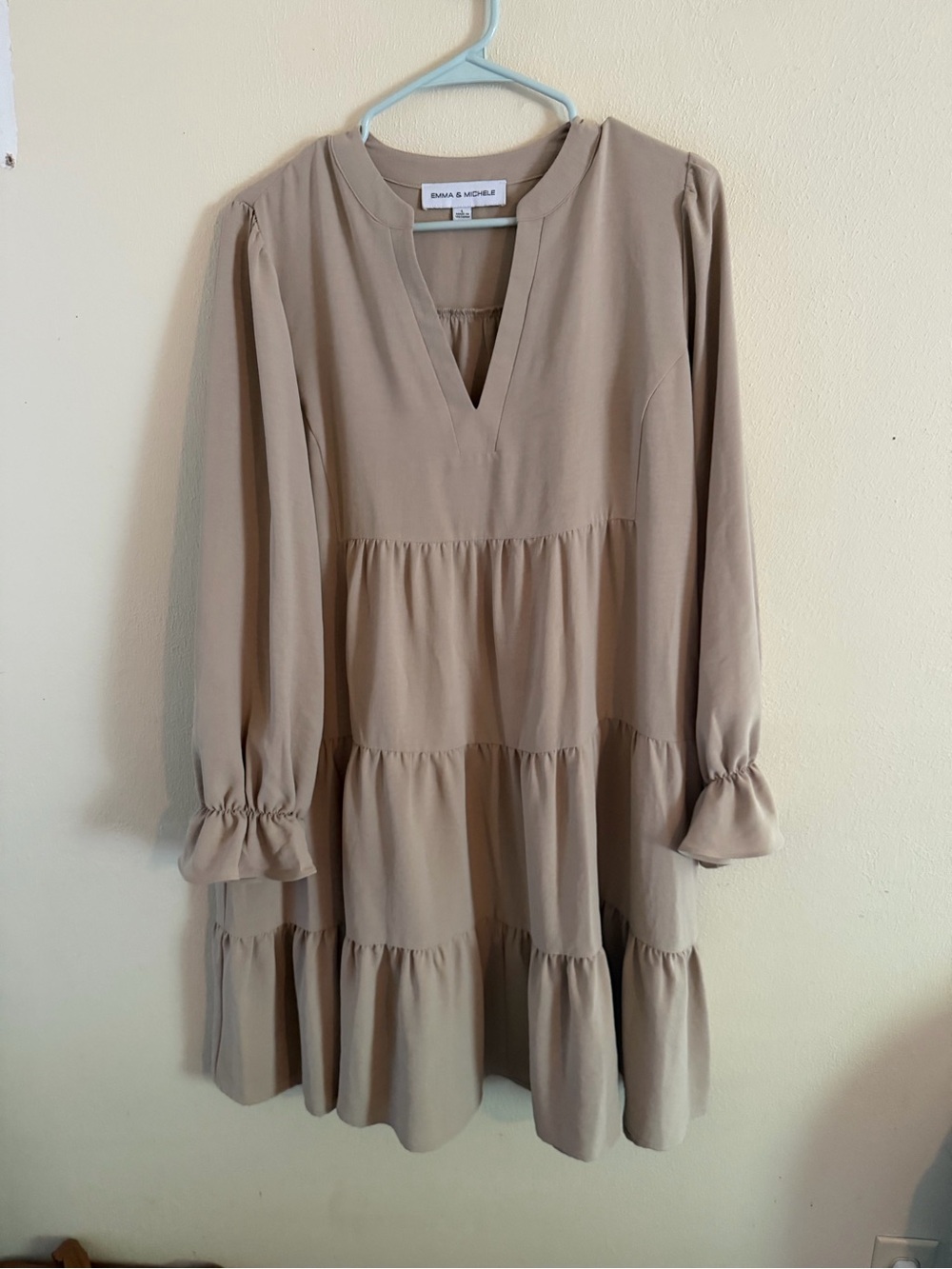 Emma & Michele Taupe Tiered V-Neck Long Sleeve Dress